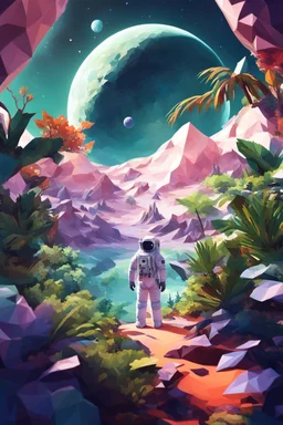 (((close midshot))), (((low poly art:2))), (astronaut), ultra-detailed illustration of an environment on a dangerous:1.2 exotic planet with plants and wild (animals:1.5), (vast open world), astronomer inspired, highest quality, no lines, no outlines candid photography.