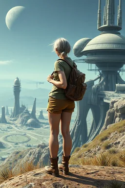 A photorealistic image of a slender 60-year-old woman, in brown shorts, a shirt and boots, with a backpack, standing on a hill looking down on a futuristic derelict sci-fi spaceport with alien buildings.