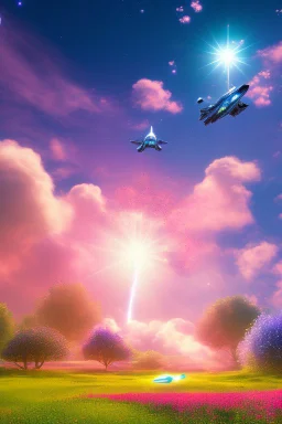 digital illustration, a world full of life divine thrill of biological tranquil sky, flowers, spaceship, , bright color splashes, high detailed 8 k