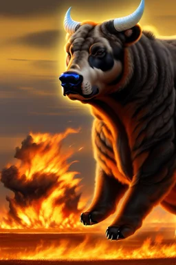 a mix between a bull and a bear, bestial and fearsome, over a field of ash and fire, darkness, high image resolution