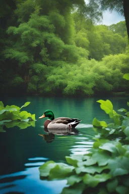 A ducks swimming in the lake , covers a green leaves among relict trees, tropical forest in some places covered with ivy, around blue beautiful river fantasy, photo