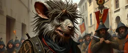 portrait of a hairy rock star wererat, fantasy art, style of Rembrandt,Dead drop discovery: While walking, a party member stumbles upon a small, blood-stained package hidden in a gutter. It contains a coded message to a cult of the Dead Three. 9-10 Parade of the Patriars: A noble's procession blocks the street with bone clubs. The crowd is forced to bow, and guards roughly shove anyone who doesn't move quickly enough.
