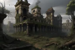 ruined victorian city post-apocaliptic cursed wilderness malice