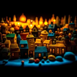 Odd dada village made of modeling clay, odd, sky filled with galaxies, stars and planets, block colours, houses, naïve, Tim Burton, Harry Potter, surreal landscape, sharp focus, colorful, bokeh, 8k, highly detailed, large format film, medium format film, shot on Hasselblad