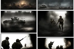 Masterpiece1:5)(Fineart), (award-winning:1.5), highest quality, (ultra realism:1.5) war journalism(,(by Tim Page and Hoorst Faas:1.5))(photorealistic:1.8),RAW pictures (Eastern Ukraine:(panel one:the moment after a battle ends, horrors of war, wounded men),(2nd panel, cinematic shot of men sitting in trench with 1000 yard stare (focus on their eyes:1.5)),(the third panel shows troops tired but hyper alert), (the fourth panel shows the sky is filled with incessant, fire and smoke,)