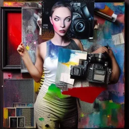 happy beautiful girl holding big proffesional camera in studio. street art, oil on canvas, spray paint, collage, letters, newspapeers, Dave McKean, Vladimir Fedotko, Saturno Butto, Vaughn Bodé, Frank Wu, James C. Christensen, collage, dirty, paint dripping, radiant