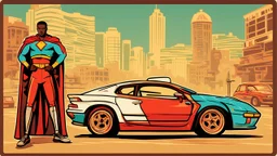 "I'm envisioning an electrifying poster for '<Achayo> Vintage Rally Racing: Unleash the Superhero Speed.' The backdrop should showcase an Ethiopian cityscape, setting the stage for an urban vintage rally. In the foreground, a stylish vintage rally car stands ready, capturing the charm of the past. Standing next to the car is an Ethiopian superhero, ready to unleash super speed, with dynamic poses that convey power and excitement. Use earthy tones for the city background, vibrant colors for the r