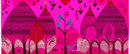 A magenta kingdom with hearts designed in Indian Gond art painted by Georges Seurat