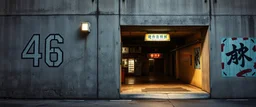 background of wall(wet textured concrete, gray, old, cracked, stained, 1 wall light) from underground parking, hong kong style, a large number "46" painted on left(old faded paint), at middle is an opening into an area with asian shops(poorly lit), cyberpunk, to the right of opening is a faded painted rectangle