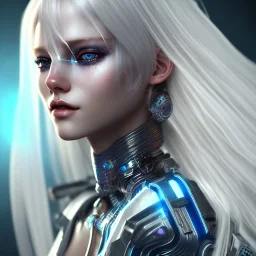 A beautiful portrait of a cute smiling cyberpunk woman, long blond platinum hair, high key lighting, volumetric light high details with blue and white stripes and feathers and white celtic paterns, beam starry background