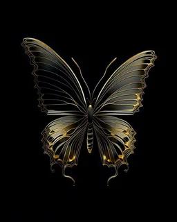 Mesmerizing minimalist illustration features an elegant, meticulously crafted golden butterfly. The simple yet sophisticated design contrasts sharply with a black background. The butterfly's wings exhibit a harmony that shows the artist's mastery in fusing typography and visual art. This striking piece radiates a sense of refined elegance and sophistication, captivating the viewer's attention with its subtle complexity.