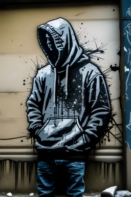 banksy style image of a hoodie on a wall