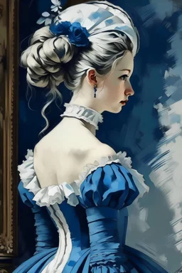 indigo girl with a 18 century hairstyle wig in a white corset in oil painting effect ink brushstrokes