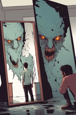 a man looking into a shattered mirror and seeing a horrifying, abstract deranged monster in his reflection