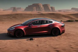 A Tesla 'Model S' is parked, in Mos Eisley on the planet Tatooine. (CINEMATIC, WIDE ANGLE LENS, PHOTO REAL)
