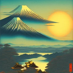 Ukiyo-e Style , mount fuji, sun set