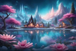 Fantasy cities with magical cabins in the background , frozen turquoise lake in the foreground, magical landscape, magical atmosphere, a lot of details,, pink flowers over there, luminous blue sky with stars, a lot of sparks of light everywhere