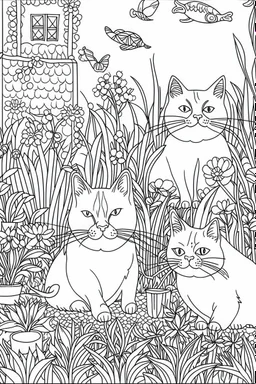 Outline art, cats in the garden, cartoon style, low detail, --ar 9:11