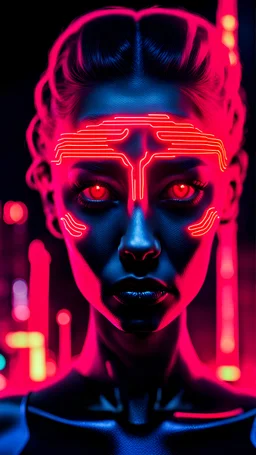 Portrait of a neon woman with red eyes against a black city background
