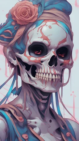 a close up of a person with a skull on their head, anime skull portrait woman, scary detailed art in color, hiroyuki-mitsume takahashi, nychos art aesthetic, half woman half skeleton, anime cyberpunk art, colored manga art, rossdraws pastel vibrant, cold colors. insanely detailed, beautiful anime portrait, stunning anime face portrait, scary art in color