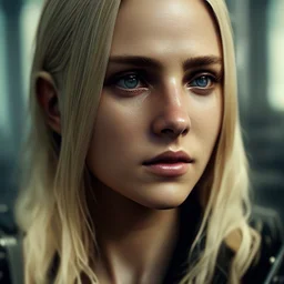 Photorealistic close-up of a beautiful blonde assassin with dystopian clothes and background