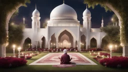 Hyper Realistic Muslim-men praying outside a Beautiful-Huge-White-&-Maroon Mosque in a beautiful garden with grass-arches, Ramadan-Light-Decorations including flowers & garland-lights with garden-lamps showing dramatic-&-cinematic-ambiance at night