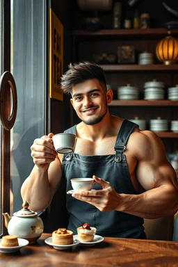 BOYISH CUTE FLUFFY young mechanic man with huge muscles and his top off enjoying high tea by himshelf with little cakes, with large title( - FAG - BOI TEA HOUSE)