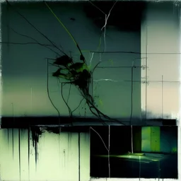 Minimal abstract oil painting of a plant in concrete warehouse brutalist architecture and hanging wires illuminated at night. With triadic colours. In the style of Justin Mortimer and Phil Hale, Ashley Wood