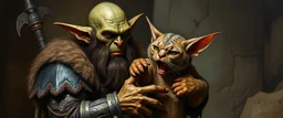 master oil painting by Rembrandt, fantasy orc soldier holding and petting a big ugly cat gremlin