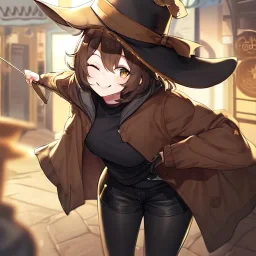 Clear focus, High resolution, short brown spiky hair, hair between eyes, eyes closed, wearing a brown detective hat, wearing a brown jacket and a black shirt, wearing black shorts, 1girl, pulling hat down, smiling, wearing a oversized hoodie