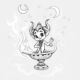 Make black and white cute drawing of a jinn with black bold lines. Only outline, no grayscale. An oriental djinn emerging from an antique lamp, surrounded by swirling smoke filled with stars and crescent moons. The djinn has a mischievous yet kind expression.