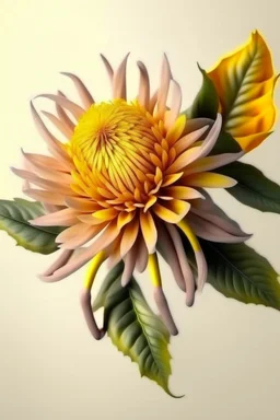 Create a beautiful realistic watercolor image. There is an amazing yellow Japanese Spider chrysanthemum with leaves on the grey and light pink stained background. Realistic. HD.