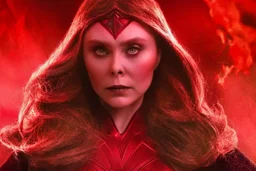 Mulher, feiticeira escarlate, rosto da atriz elizabeth olsen, rosto de wanda maximoff, cabelos ruivos, muito brava, wanda Marvel, expressão de raiva, 4k render, vilã, voando, imagem de longe, manipulando magia, raiva, corpo inteiro, olhos marcantes, mãos atirando magia do caos vermelha, cidade de destruição, cores frias, cinematográfico, dramático. Traje da wanda inspirado no filme doutor estranho no multverso da loucura da marvel