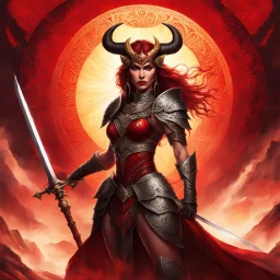 Fierce and powerful, this warrior demoness stands at the center of this intense artwork, gripping her ceremonial sword with deadly grace. Her expression exudes dominance and determination, accentuated by the ornate horns that crown her head and the intricate armor wrapped around her form. The rich textures and dramatic use of a crimson sun in the backdrop symbolize blood, power, and conquest, while her unapologetic nudity speaks to her raw, untamed strength. This artwork is an embodiment of dark