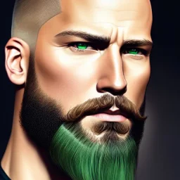 "MIddle aged white human male, with a trimmed but uneven beard, piercing green eyes with slick back hair,complete head and shoulders portrait, 8k resolution concept art portrait by Greg Rutkowski, Artgerm, WLOP, Alphonse Mucha dynamic lighting hyperdetailed intricately detailed Splash art trending on Artstation triadic colors Unreal Engine 5 volumetric lighting Splash art fantasy"