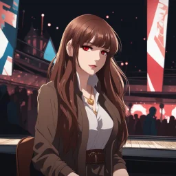 anime style, An Arrogant-Looking Young Woman With Pale Skin, Red Eyes, And Long Brown Hair. In a nightclub. High Definition, Greg Rutkowski, 8k Resolution, Intricate Details