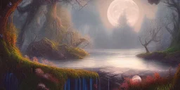 landscape, sea, chalice well, moon, forest, fantasy