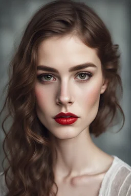 a portrait of a girl with brown hair and large brown eyes and very red lips and a scar in her 20s