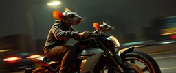 master oil painting by Rembrandt, good afternoon bitch scary hot seductive bug rat chess piece riding sports bike with motion blur and smeared lights in the night, stylistic poster, in the style of total recall, huge bug rat in the background