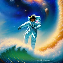 astronaut surfing in Jupiter waves, art style by Bryen Frost inspired by Marta Vilarinho de Freitas, focus on subject, flat, vector illustration, urban sketch expressionist style oil painting, smooth post-impressionist impasto acrylic painting, thick layers of colourful textured paint futuristic futurism noir