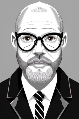 black and white,real estate agent,bald white male with grey beard,55 years old,metal wire frame glasses,, necktie,portly,detailed drawing,white background