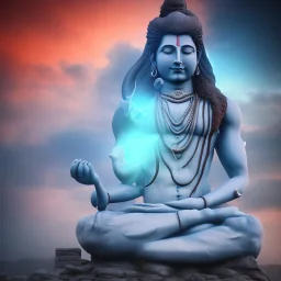 lord shiva meditating in the air, ultra realistic photo, blue colour, high key lighting, volumetric light high details psychedelic background