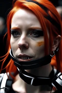 A movie scene with redhead girl gagged with sculpted abs and tape over mouth for protest