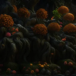 Hyperrealistic, spooky, dark, odd trees, rocks, giant flowers, sharp focus, 8k, 3d, very detailed, volumetric light, grim, fine art, very colorful, ornate, 35mm, F/2.8, insanely detailed and intricate, hypermaximalist, super detailed