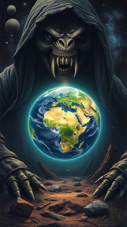 Planet earth swallowed by hooded creature
