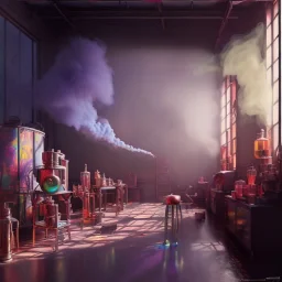 factory of colors. smoke rises from multi-colored glassware. color swatches in the background. hyperdetailed, warm colors, detailed painting, photorelistic, oil on canvas, light dust, futuristic. volumetric lighting