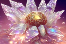 one big crystal subtle flower in a galactic ambiance, transparent petals, delicate colors, in the foreground, with a very little beautiful fairy, full of details, smooth, bright sunshine，soft light atmosphere, light effect，vaporwave colorful, concept art, smooth, extremely sharp detail, finely tuned detail, ultra high definition, 8 k, unreal engine 5, ultra sharp focus