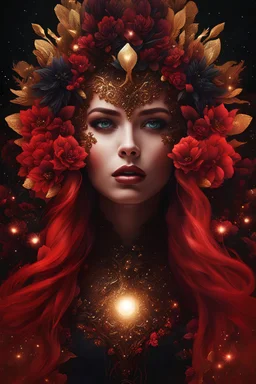 black and red and gold theme, close-up bioluminescent sparkling very different face of a woman surrounded by gold sparkles and black flowers, crimson red painted face, expressive and mysterious, a galaxy in her eyes, eyes pointed upwards, in a mysterious dark landscape, detailed matte painting, fantastical, intricate detail, splash screen, colorful, fantasy concept art, 8k resolution, Unreal Engine 5, centered, high contrast sharp focus, black and red theme, glossed and polished
