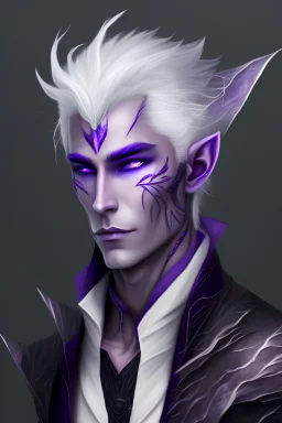 Elven man with white hair and purple eyes and black wings