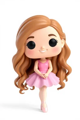 Funko figure of a very young female, smiling, long very wavy light brown hair, wearing a ballerina dress, pink dress, ballet, very cute, ballet pose,. typography, 3D render. White background